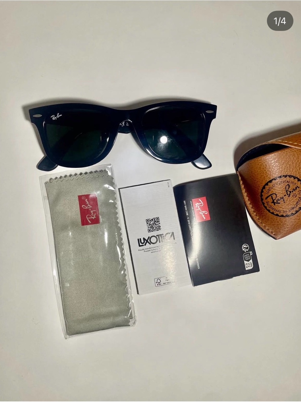Ray-Ban Black Frame Sunglasses with Dark Green Lenses and Brown Case